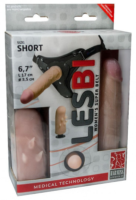 Телесный поясной страпон LESBI с вагинальной пробкой - 17 см., LOVETOY (А-Полимер)