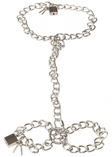Фиксация на шею и запястья в виде цепей с замочками Bad Kitty Metal collar and chain, Orion