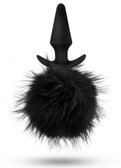 Силиконовая анальная пробка с чёрным заячьим хвостом Fur Pom Pom - 12,7 см., Blush Novelties
