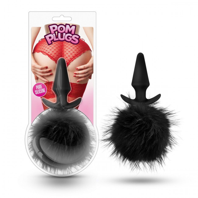 Силиконовая анальная пробка с чёрным заячьим хвостом Fur Pom Pom - 12,7 см., Blush Novelties