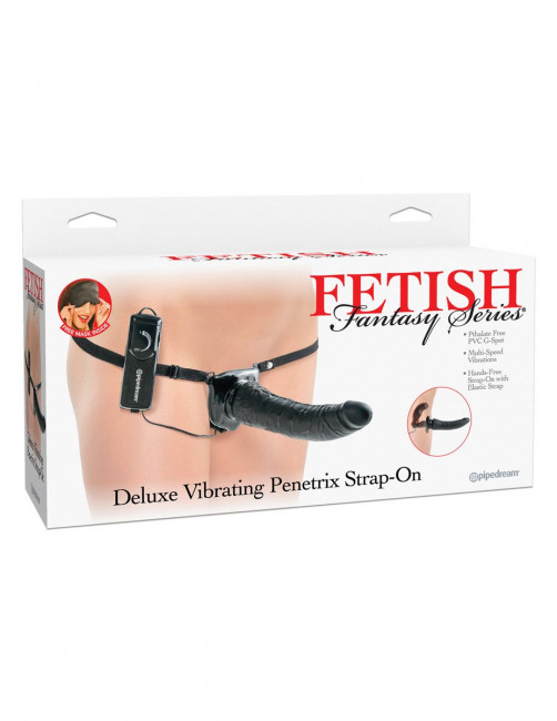 Черный страпон с вагинальной пробкой Deluxe Vibrating Penetrix Strap-On - 19 см., Pipedream