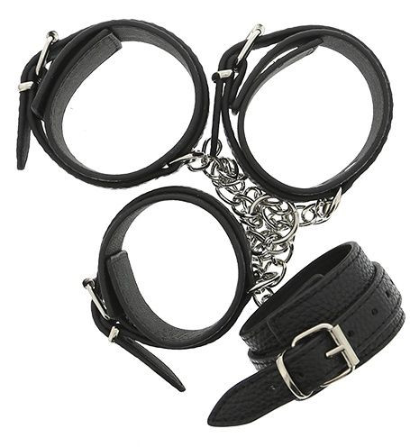 Черные наручники и поножи с креплением HOG TIE CUFF SET, Dream Toys Черные наручники и поножи с креплением HOG TIE CUFF SET, Dream Toys