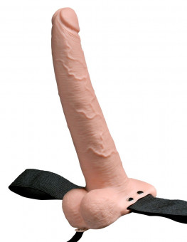 Телесный перезаряжаемый вибрострапон 9" Hollow Rechargeable Strap-on with Balls - 25,4 см.