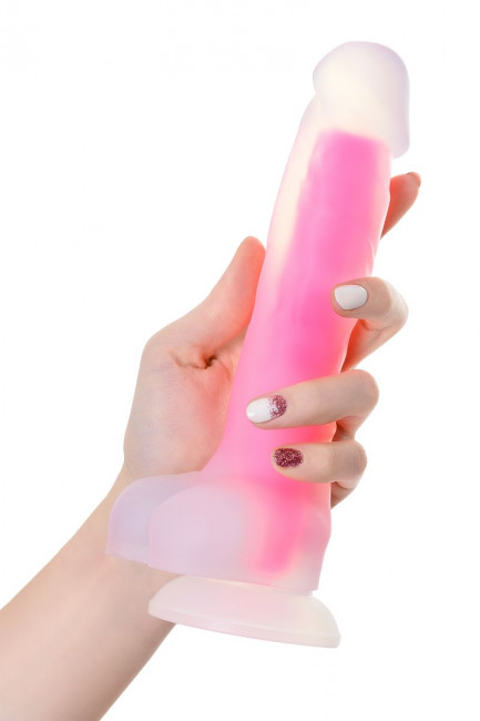 Прозрачно-розовый фаллоимитатор, светящийся в темноте, Clark Glow - 22 см., ToyFa