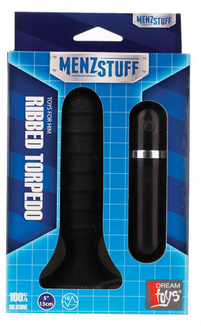 Чёрный вибромассажер для анальной стимуляции MENZSTUFF RIBBED TORPEDO - 13 см., Dream Toys