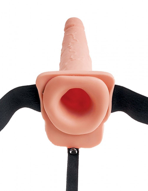 Телесный полый страпон с имитацией эякуляции 7.5" Hollow Squirting Strap-On with Balls Flesh - 21,6 см.