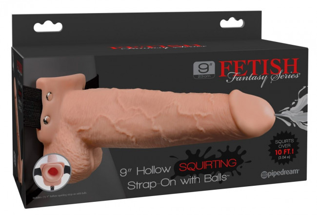 Телесный полый страпон с имитацией эякуляции 9" Hollow Squirting Strap-on with Balls - 25,4 см.