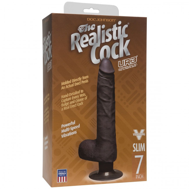 Коричневый вибромассажер The Realistic Cock ULTRASKYN Vibrating 7” Slim - 22,1 см., Doc Johnson Коричневый вибромассажер The Realistic Cock ULTRASKYN Vibrating 7” Slim - 22,1 см., Doc Johnson