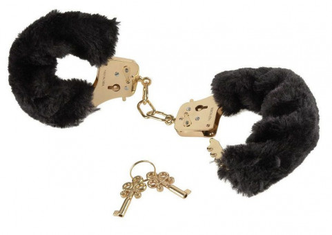 Наручники с чёрной меховой опушкой GOLD DELUXE FURRY CUFFS , Pipedream