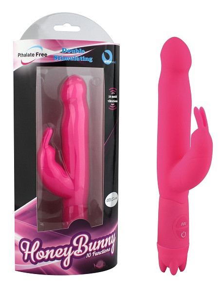 Розовый вибратор с клиторальным отростком Honey Bunny - 21,5 см., Howells Розовый вибратор с клиторальным отростком Honey Bunny - 21,5 см., Howells