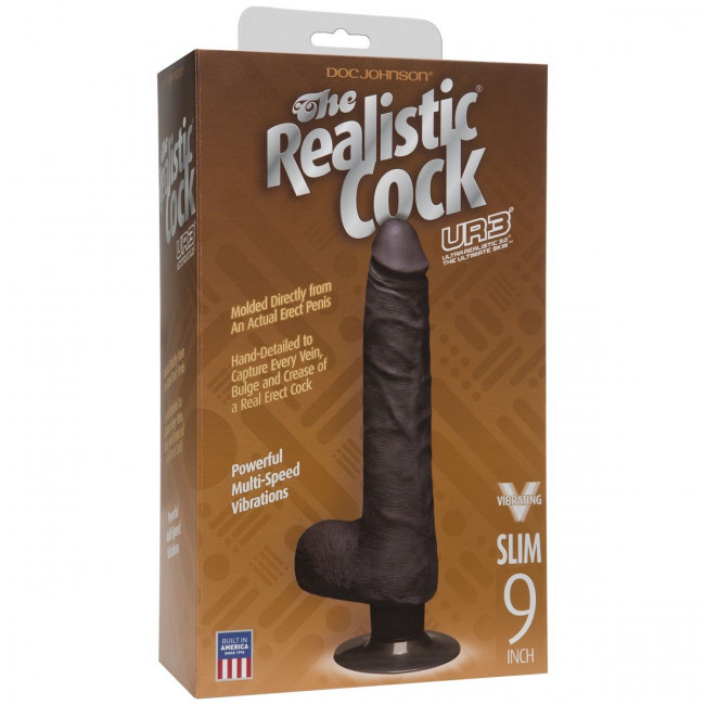 Коричневый вибратор-реалистик The Realistic Cock ULTRASKYN Vibrating 9” Slim - 26,1 см., Doc Johnson