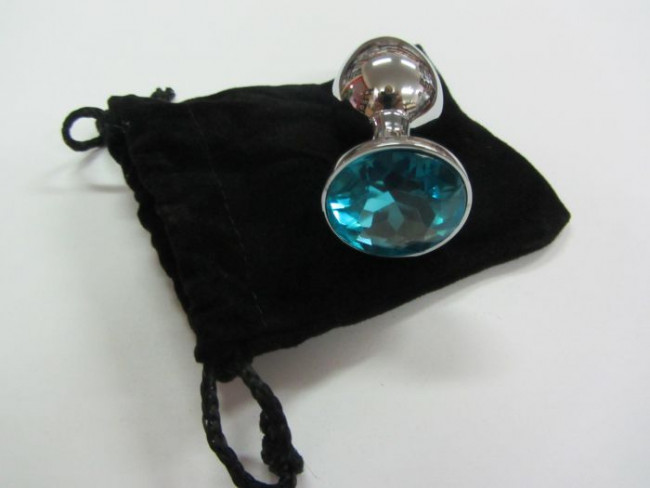 Анальное украшение BUTT PLUG  Small с голубым кристаллом - 7 см., Anal Jewelry Plug