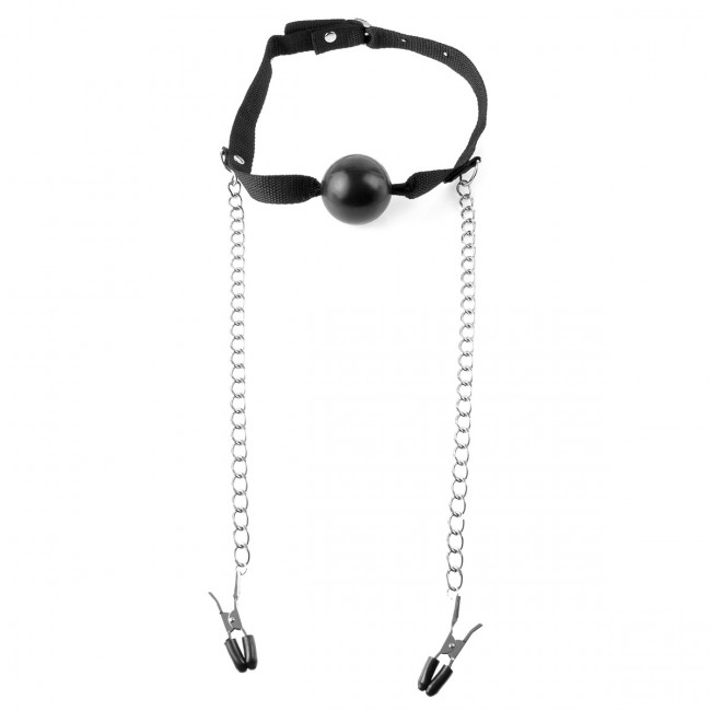 Черный кляп Ball Gag & Nipple Clamps с зажимами на соски, Pipedream
