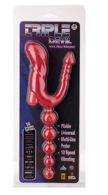 Красный тройной вибростимулятор Triple Devil Butt Plug With Mini Vibe - 28 см. , NMC