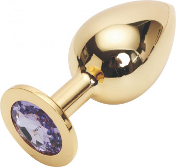 Золотистая анальная пробка GOLDEN PLUG Large со светло-сиреневым кристаллом - 9,5 см., Anal Jewelry Plug