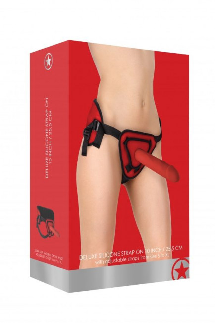Красный страпон Deluxe Silicone Strap On 10 Inch - 25 см., Shots Media BV