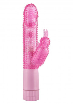 Розовый вибратор BUNNY OA BUDGET VIBE W DOTS с клиторальным стимулятором - 25 см., Toy Joy