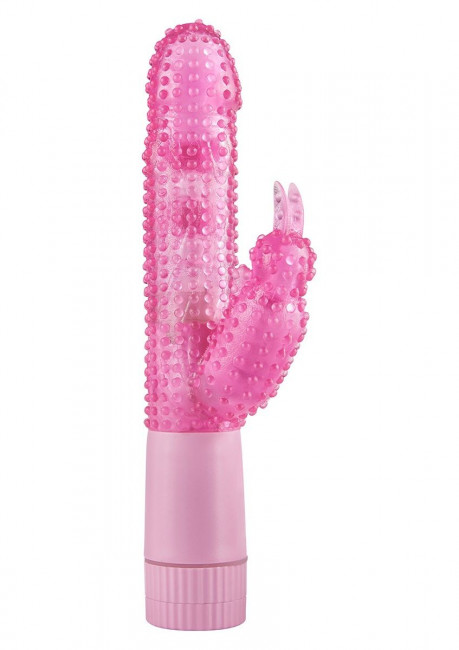 Розовый вибратор BUNNY OA BUDGET VIBE W DOTS с клиторальным стимулятором - 25 см., Toy Joy