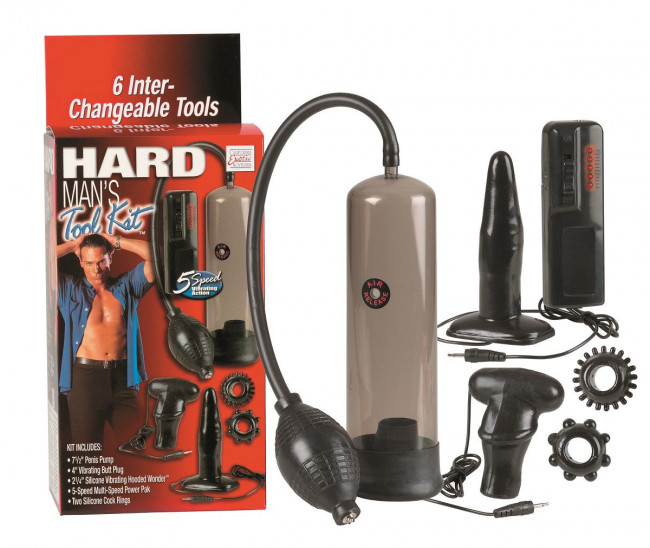 Набор для мужчин Hard Mans Tool Kit: вакуумная помпа, анальная пробка, эрекционные кольца и виброяичко, California Exotic Novelties
