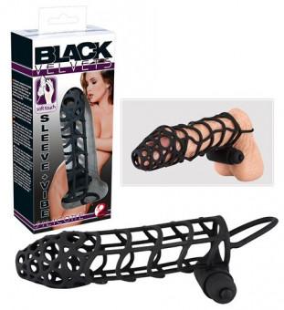 Чёрная закрытая насадка-сетка на пенис с вибрацией Black Velvet - 14 см., Orion