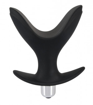 Чёрная анальная V-образная пробка Black Velvets Vibrating Anchor Plug с вибрацией - 10,3 см., Orion