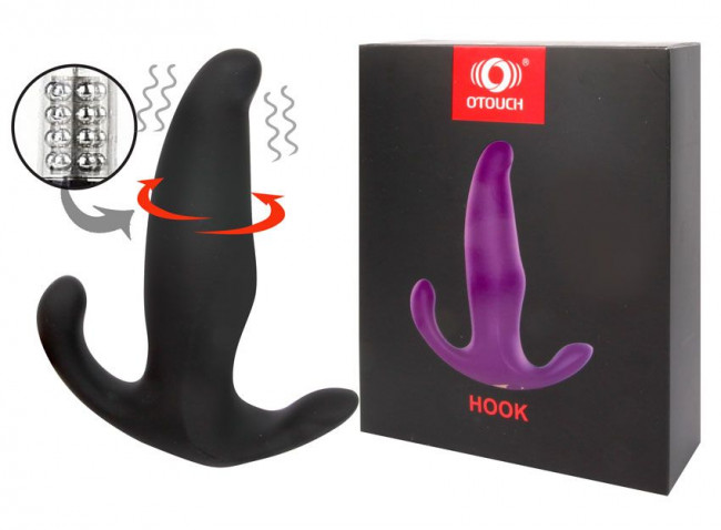 Черная анальная втулка HOOK с вибрацией и вращеним шариков - 13,3 см.