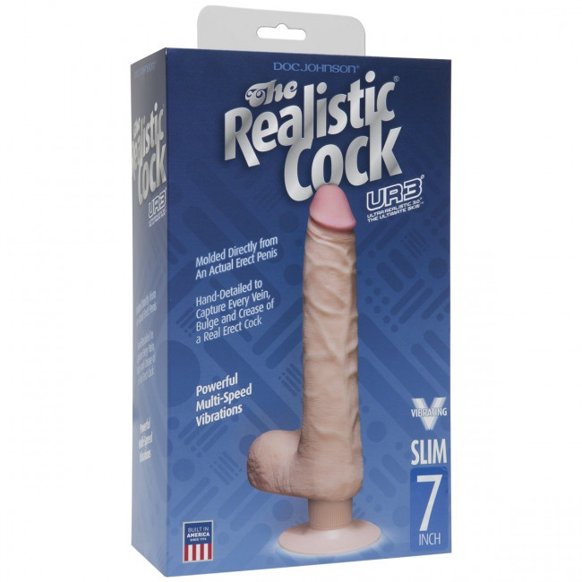 Телесный вибромассажер The Realistic Cock ULTRASKYN Vibrating 7” Slim - 22,1 см., Doc Johnson