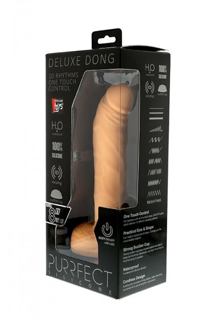 Телесный вибратор из силикона с кнопкой в основании ствола PURRFECT SILICONE DELUXE ONE TOUCH 8INCH - 20 см., Dream Toys