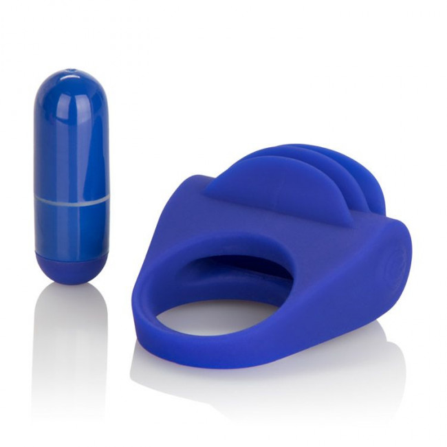 Синее эрекционное кольцо с рёбрышками и вибрацией Silicone Fluttering Enhancer, California Exotic Novelties