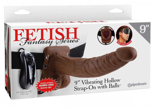 Коричневый фаллопротез с вибрацией 9" Vibrating Hollow Strap-On with Balls - 24 см., Pipedream