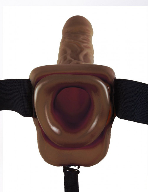 Коричневый фаллопротез с вибрацией 9" Vibrating Hollow Strap-On with Balls - 24 см., Pipedream