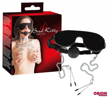 Маска с кляпом и зажимами для сосков Bad Kitty, Orion