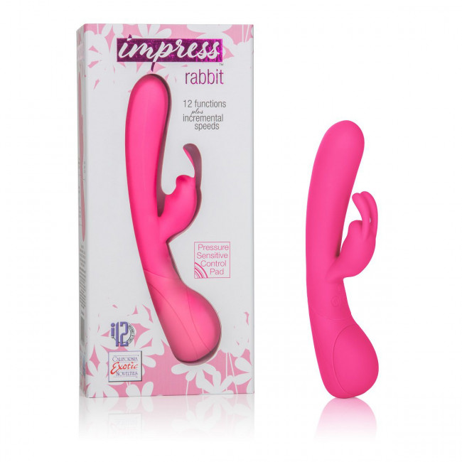 Розовый вибромассажер Impress Rabbit со стимуляцией клитора - 18 см., California Exotic Novelties