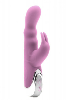 Розовый вибратор Silicone Bunny с клиторальным отростком - 16,5 см., Shots Media BV