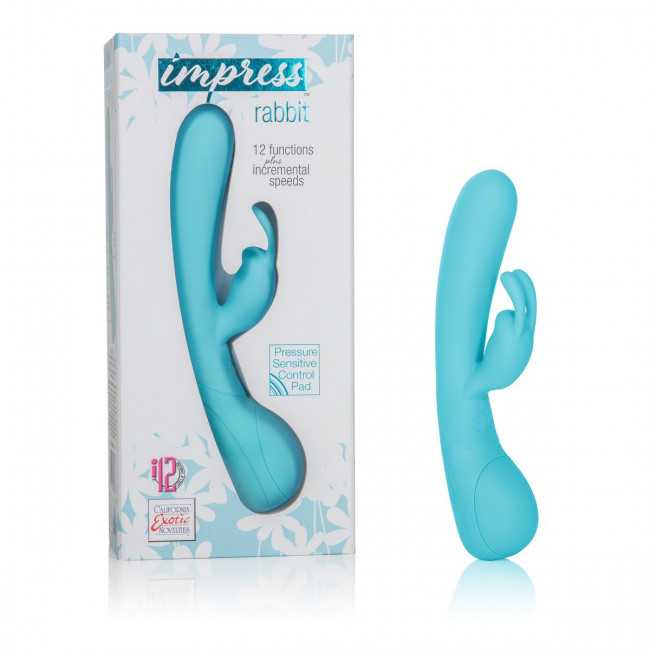 Голубой вибромассажер Impress Rabbit со стимуляцией клитора - 18 см., California Exotic Novelties