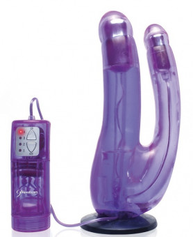 Фиолетовый двойной страпон с вибрацией Double Penetrator Vibe Strap-On - 19 см., Pipedream