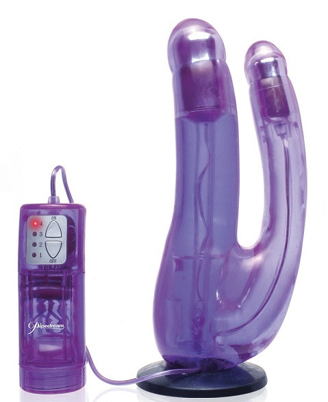 Фиолетовый двойной страпон с вибрацией Double Penetrator Vibe Strap-On - 19 см., Pipedream