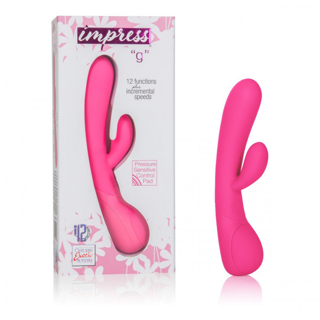 Розовый вибромассажер Impress “g” со стимуляцией клитора - 18 см., California Exotic Novelties Розовый вибромассажер Impress “g” со стимуляцией клитора - 18 см., California Exotic Novelties
