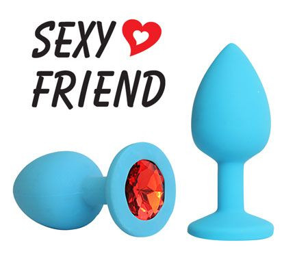 Голубая конусовидная анальная пробка с красным кристаллом - 7,3 см., Bior toys