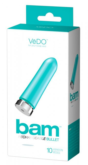 Бирюзовая перезаряжаемая вибропуля VeDO Bam - 9,7 см., VeDO