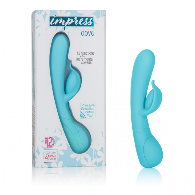 Голубой вибромассажер Impress Dove со стимуляцией клитора - 18 см., California Exotic Novelties