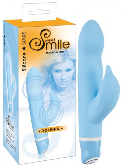 Голубой вибратор Smile Dolphin с клиторальным отростком - 16 см., Orion