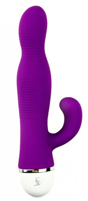 Фиолетовый вибромассажер со стимулятором клитора RIBBED DUO VIBE - 16 см., Dream Toys