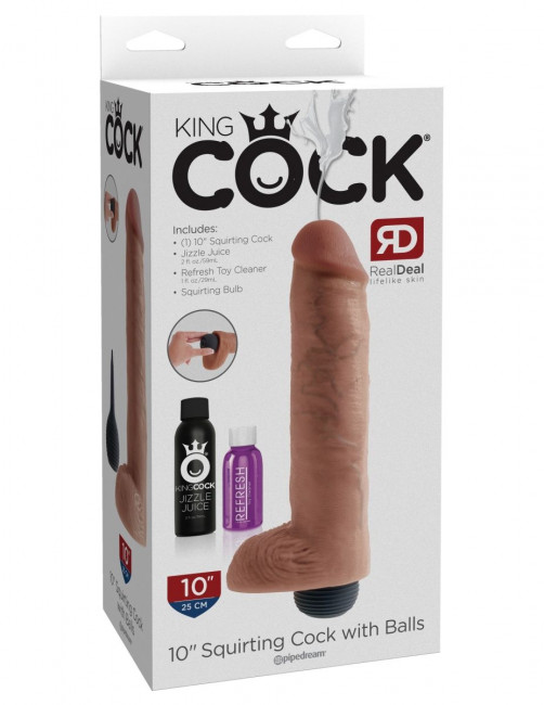 Кофейный фаллоимитатор King Cock 10" Squirting Cock с эффектом эякуляции - 25,4 см.