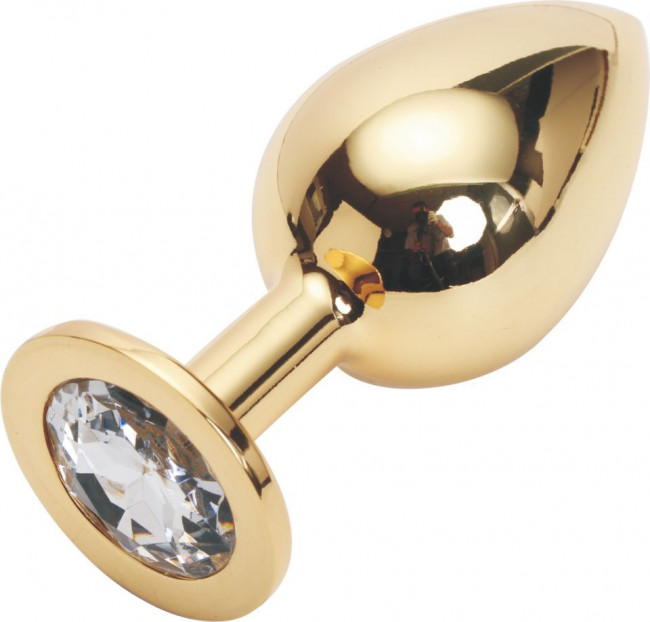 Золотистая анальная пробка GOLDEN PLUG Large с прозрачным кристаллом - 9,5 см., Anal Jewelry Plug