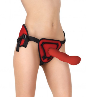 Красный страпон Deluxe Silicone Strap On 10 Inch с волнистой насадкой - 25,5 см., Shots Media BV