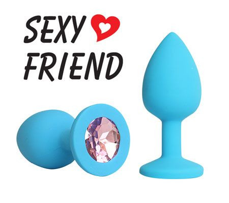 Голубая конусовидная анальная пробка с розовым кристаллом - 7,3 см., Bior toys