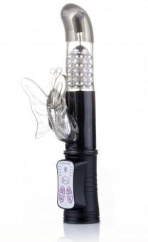 Чёрный вибратор Hi-Tech Butterfly с клиторальной бабочкой - 22,8 см., Shots Media BV