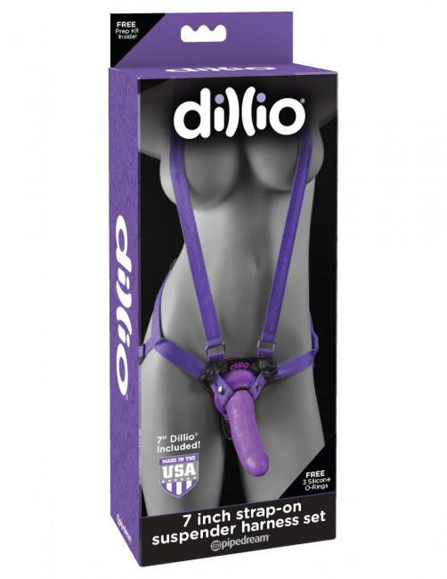 Фиолетовая страпон-система 7" Strap-On Suspender Harness Set с реалистичной насадкой - 19 см., Pipedream
