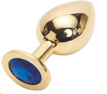 Золотистая анальная пробка GOLDEN PLUG Large с синим кристаллом - 9,5 см., Anal Jewelry Plug
